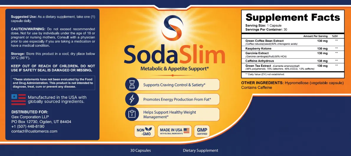 SodaSlim supplement facts label showing all five ingredients and their per-serving amounts